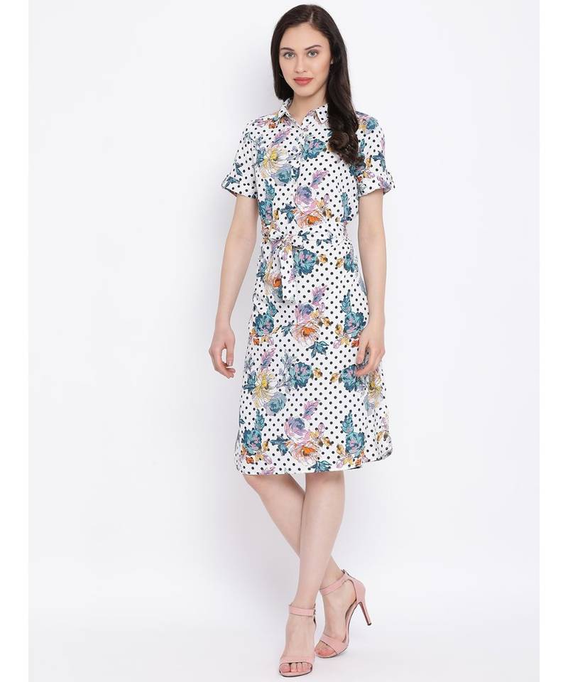 White printed Polyester Dress
