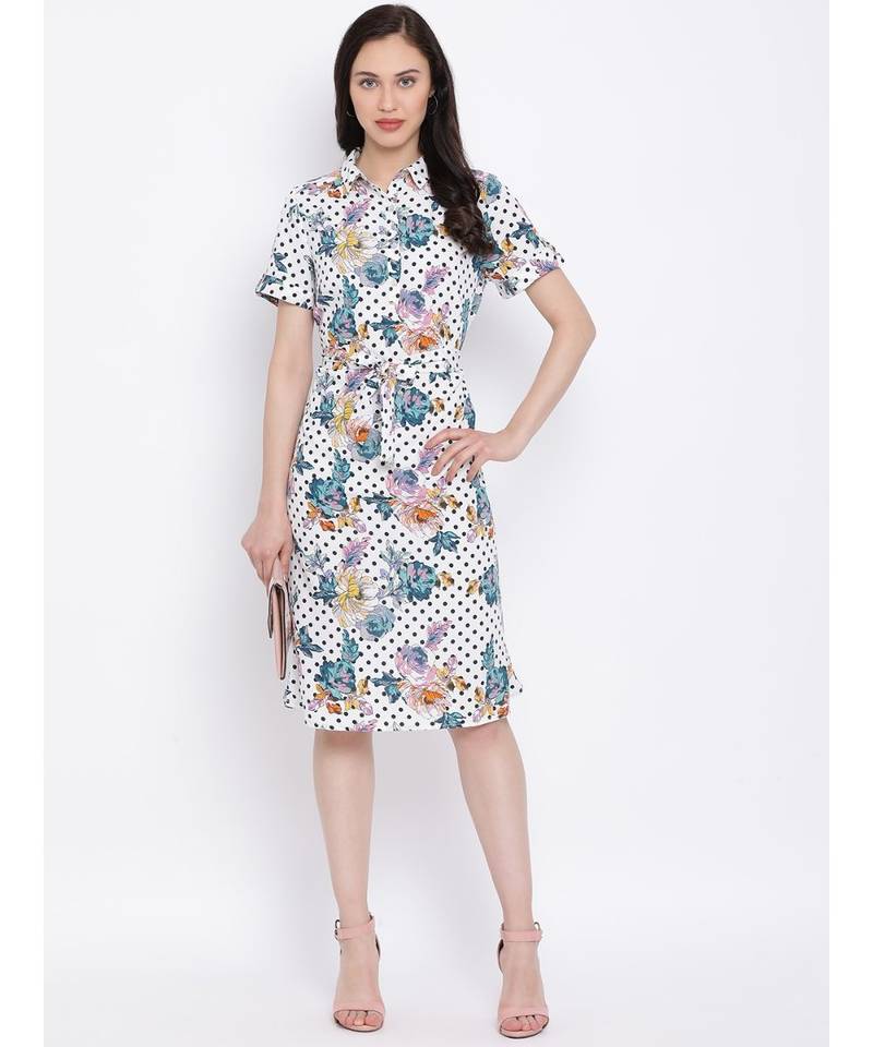 White printed Polyester Dress