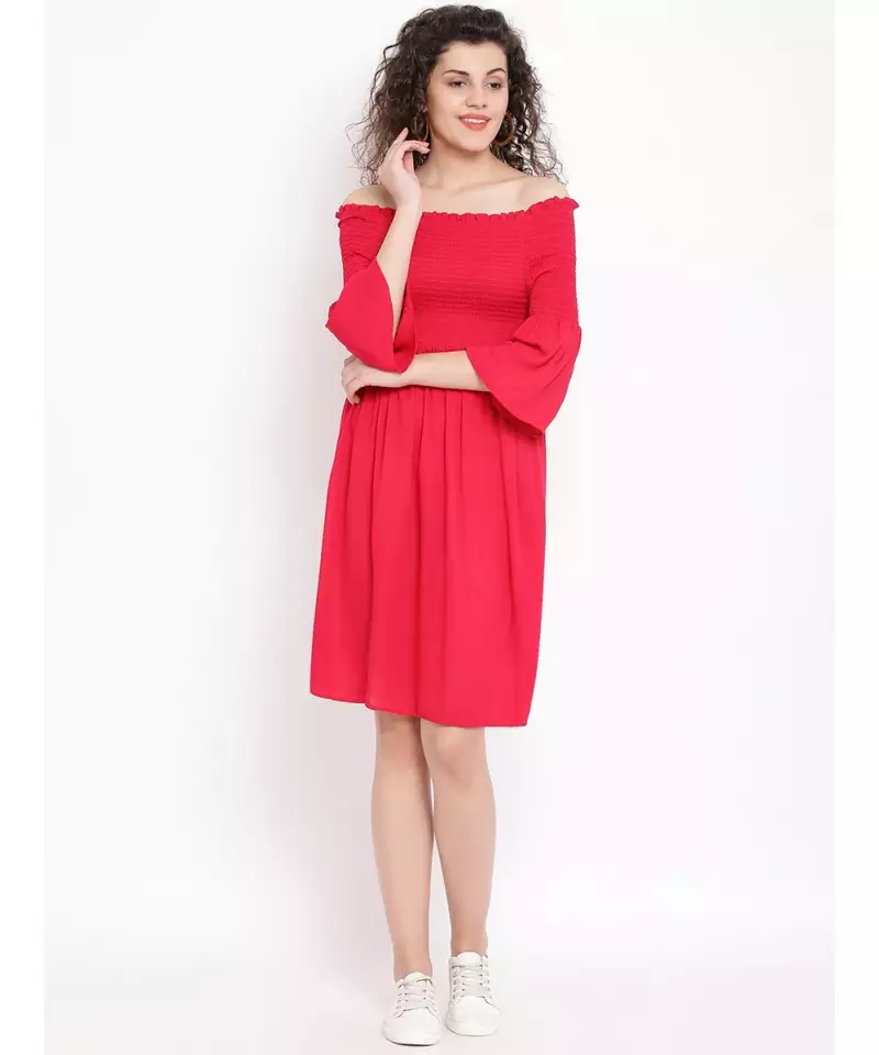 Red plain Viscose Dress
