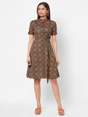 Printed cotton dress with stripes belt 1