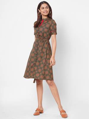 Printed cotton dress with stripes belt 2