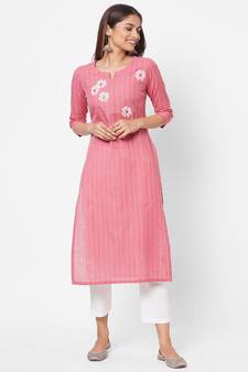 pink Cotton sleeveless slub butti with embroidery kurti