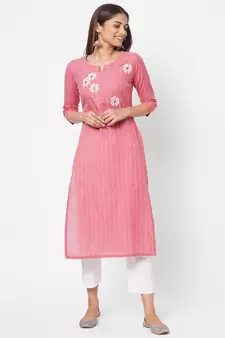 pink Cotton sleeveless slub butti with embroidery kurti