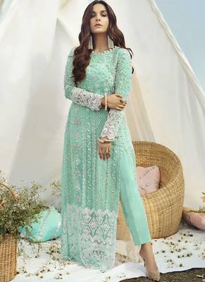 Turquoise Net Pakistani Salwar Kameez 1