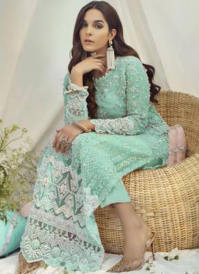 Turquoise Net Pakistani Salwar Kameez 2