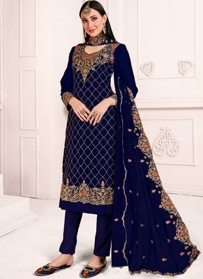 Royal Blue Georgette Straight Suit 1