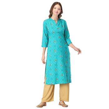 Turquoise printed rayon kurtas-and-kurtis 1