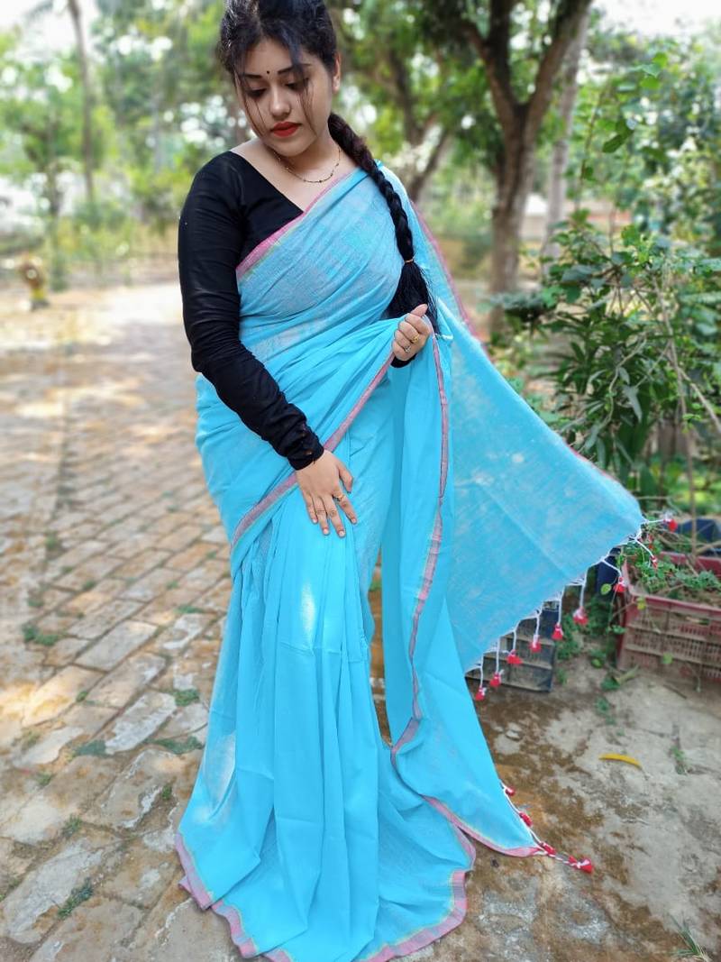 Light blue plain khadi saree with blouse