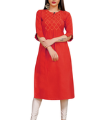 Red embroidered cotton poly ethnic-kurtis