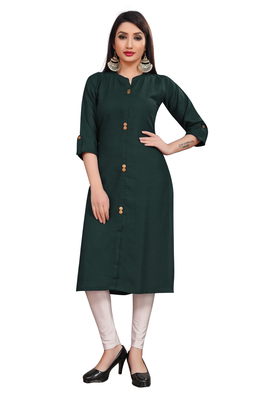 Dark green plain cotton poly ethnic-kurtis 1