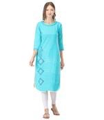 Turquoise printed cotton kurtas-and-kurtis