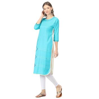 Turquoise printed cotton kurtas-and-kurtis 3