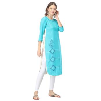 Turquoise printed cotton kurtas-and-kurtis 4