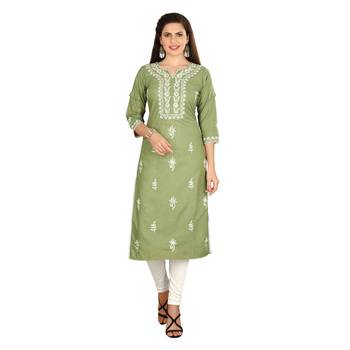 Olive embroidered cotton kurtas-and-kurtis 1