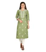 Olive embroidered cotton kurtas-and-kurtis