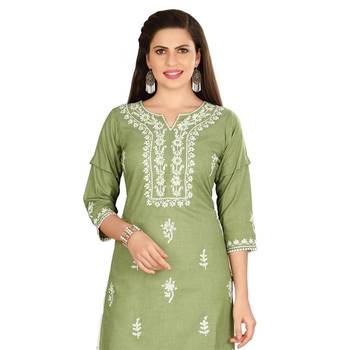 Olive embroidered cotton kurtas-and-kurtis 5