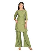 Olive embroidered silk kurtas-and-kurtis