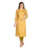 Mustard embroidered art silk kurtas-and-kurtis