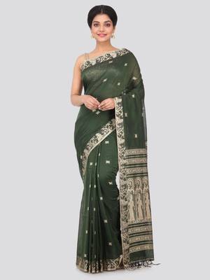 PinkLoom dark green hand woven cotton sarees With Blouse Piece 1