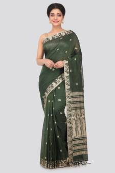 PinkLoom dark green hand woven cotton sarees With Blouse Piece