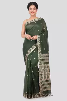 PinkLoom dark green hand woven cotton sarees With Blouse Piece