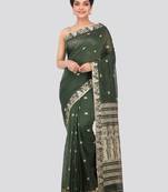 PinkLoom dark green hand woven cotton sarees With Blouse Piece
