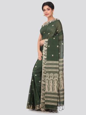 PinkLoom dark green hand woven cotton sarees With Blouse Piece 2
