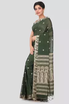 PinkLoom dark green hand woven cotton sarees With Blouse Piece