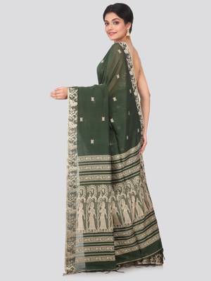 PinkLoom dark green hand woven cotton sarees With Blouse Piece 3