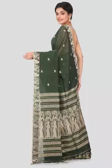 PinkLoom dark green hand woven cotton sarees With Blouse Piece
