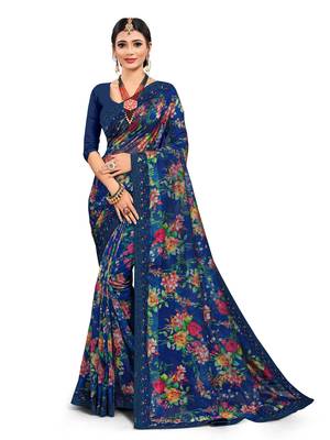 Blue embroidered organza saree with blouse 1
