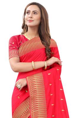 Red Embroidered Art Silk Saree With Blouse 2