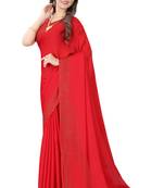 Red embroidered pure satin saree with blouse