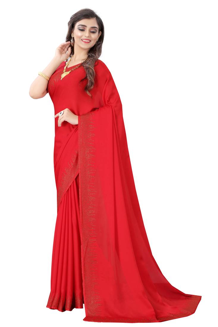 Red embroidered pure satin saree with blouse