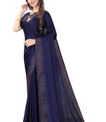 Navy Blue Embroidered Pure Satin Saree With Blouse