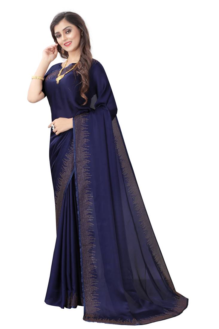 Navy Blue Embroidered Pure Satin Saree With Blouse