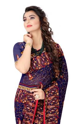 Navy Blue Embroidered Georgette Saree With Blouse 2