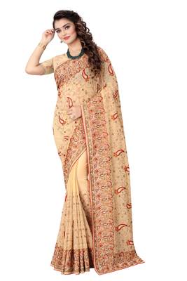 Beige embroidered georgette saree with blouse 1