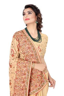 Beige embroidered georgette saree with blouse 2