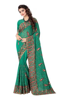 Turquoise Embroidered Georgette Saree With Blouse 1