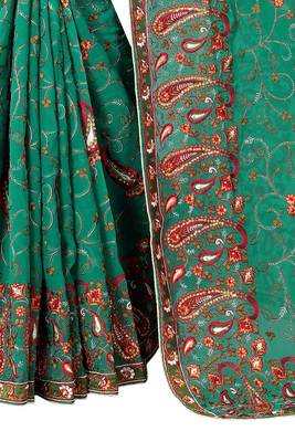 Turquoise Embroidered Georgette Saree With Blouse 3