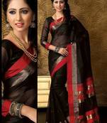 Black and Red Plain Cotton Saree with Blouse
