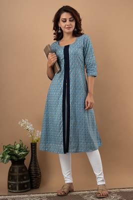 Sky-blue printed cotton cotton-kurtis 1