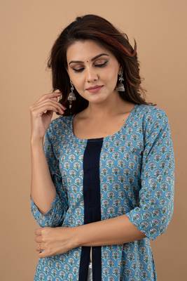 Sky-blue printed cotton cotton-kurtis 4