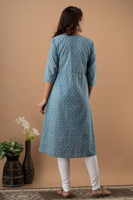 Sky-blue printed cotton cotton-kurtis 5