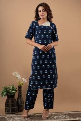 Navy blue printed cotton cotton kurtis 1