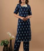 Navy-blue printed cotton cotton-kurtis