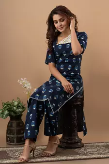 Navy blue printed cotton cotton kurtis
