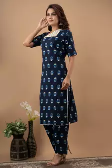 Navy blue printed cotton cotton kurtis