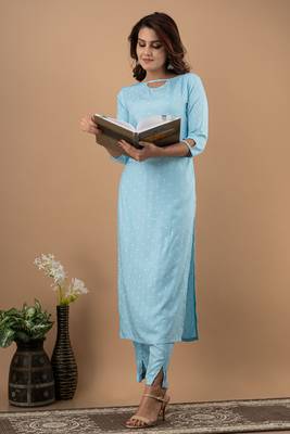 Sky-blue printed cotton cotton-kurtis 1